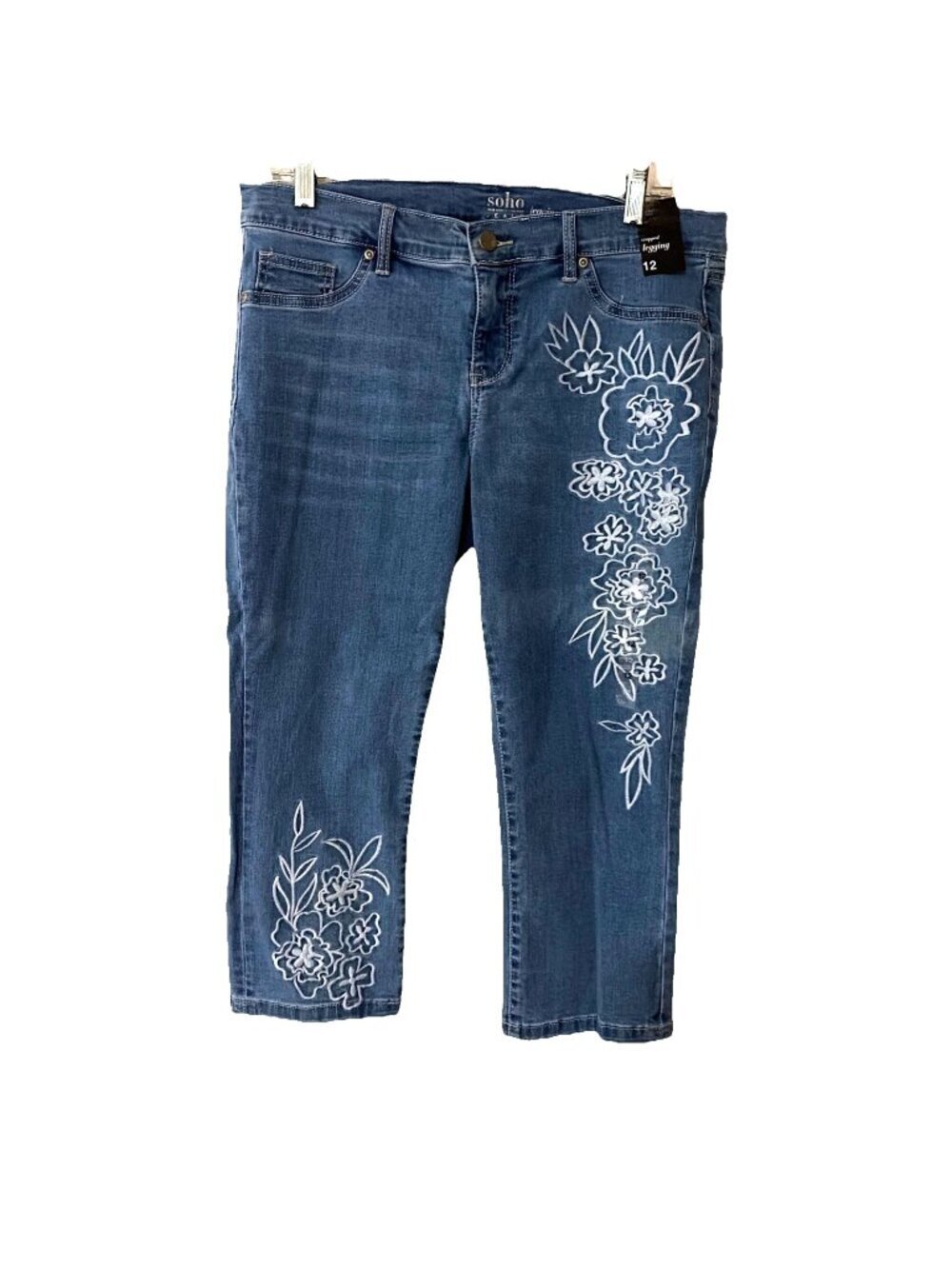 Soho Cropped Denim Jeans Capris Women’s 12 Light Wash Floral Embroidery Boho NWT